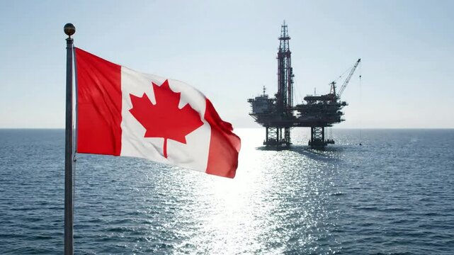 National Flag of Canada Waving with Offshore Oil Platform in the Ocean on a Clear Day. AI Generated.