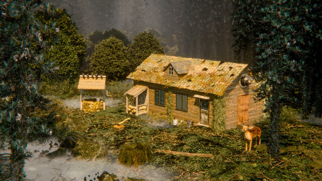 Apenas uma cabana abandonada, imagem criada com software 3D