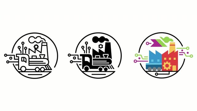 Circular train icons with colorful elements in clean white background