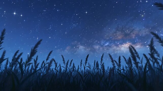 Anime night sky, deep sapphire and indigo, glittering starlight, expansive Milky Way, silhouetted tall grass swaying gently, serene loop