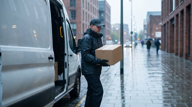 Dedicated delivery driver carrying a package on a wet city street, stepping from a van in challenging rainy weather conditions