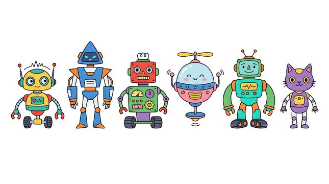Cute cartoon robot characters set retro futuristic cyborg illustration