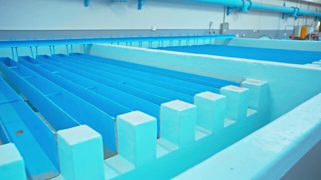 A smooth tracking shot moves along a series of parallel blue channels within an industrial water treatment or filtration facility, showcasing rows of sedimentation basins separated by concrete.