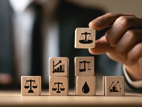 Hand stacking wooden blocks with legal and business icons