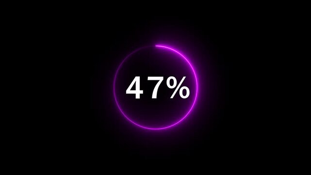Glowing neon circle with 47 percent text icon animation light effect modern minimal clean shiny typography counter progress meter loading indicator loop seamless black background animation.