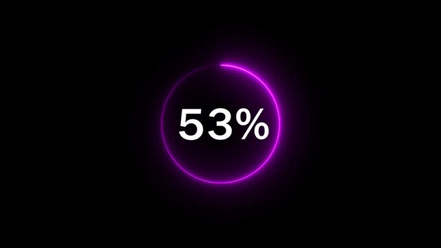 Glowing neon circle with 53 percent text icon animation light effect modern minimal clean shiny typography counter progress meter loading indicator loop seamless black background animation.