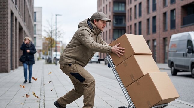 Focused delivery worker exerts effort pushing a hand truck with multiple large parcels through a bustling city environment, embodying urban package delivery