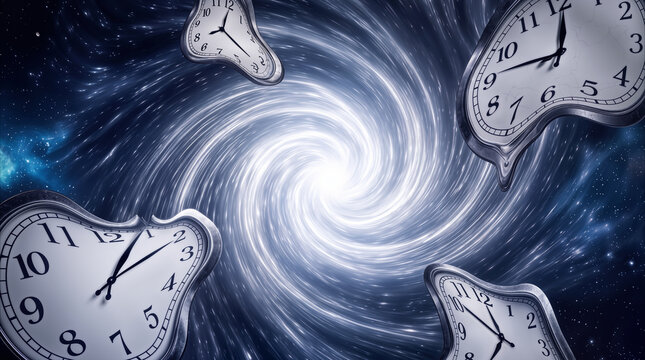 Melting clocks swirling into cosmic vortex. Surreal representation of time dilation and space-time continuum in deep space.