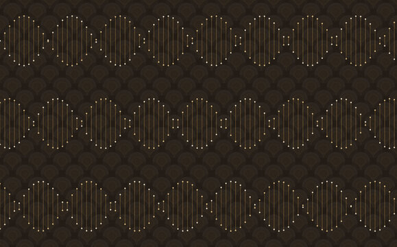 Geometric dna double helix pattern with gold dots and brown circular scales for scientific elegant design.