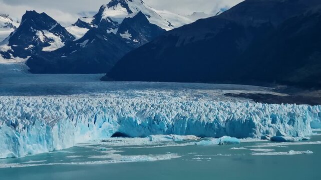 Towering blue white ice walls of Perito Moreno Glacier dominate the Patagonian landscape, backed by rugged snow covered Andes peaks beneath a dramatic overcast sky in Argentina