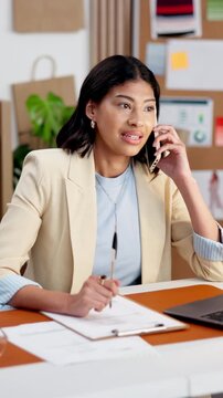 Startup, woman or talk with phone call for shipping availability, price enquiry or relief for quote. Tech, happy person and mobile chat for delivery rate negotiation, purchase order form or logistics