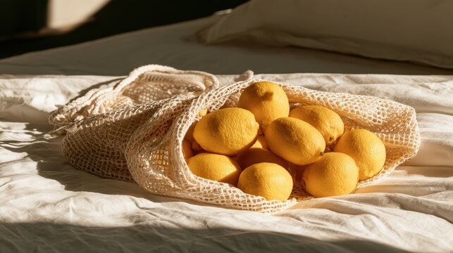 Natural daylight still life: lemons in a mesh cotton bag on a calm, cozy bed setup