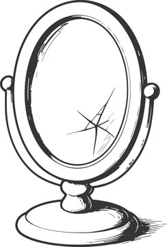 Vintage oval tabletop mirror with cracked glass reflection in black and white sketch