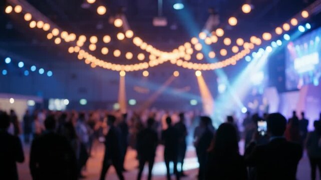 Vibrant Event Atmosphere: A large gathering of people enjoying a lively event, illuminated by decorative string lights and stage lighting, creating an energetic and festive ambiance.