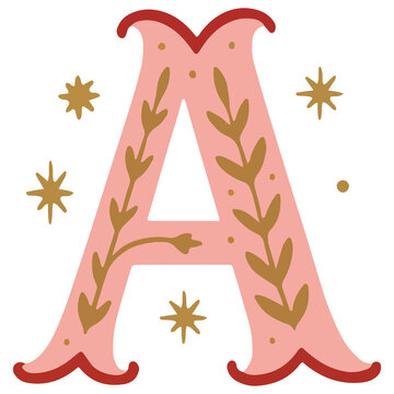 Letter A floral vintage monogram drop cap christmas ornament typography vector illustration