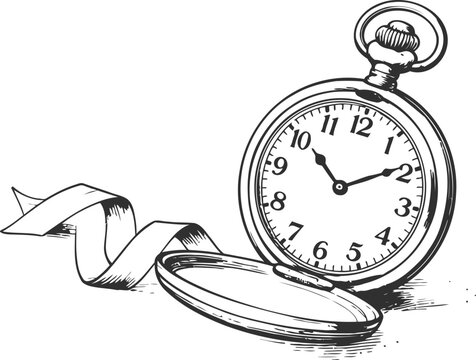 Vintage pocket watch with open lid and flowing paper scroll in black and white sketch