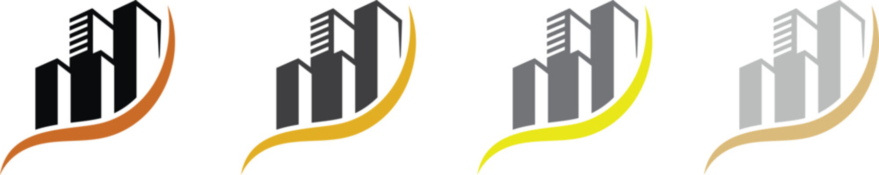 Set of four real estate logo icons with buildings and swoosh