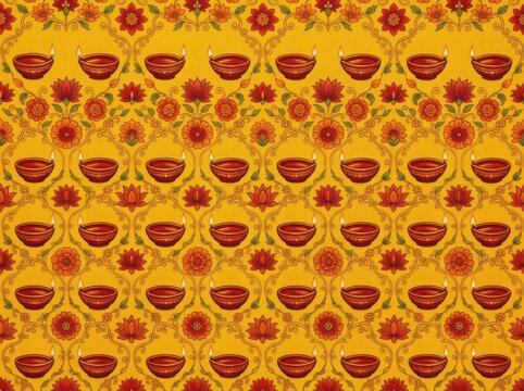 Vibrant Diwali Pattern with Diyas and Flowers , Diwali, Kali Puja, Indian Festival, Lakshmi