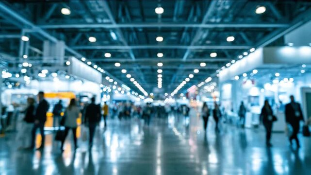 Blurred Convention Center Hall: A blurred perspective of a busy convention center hall, with illuminated ceiling lights and a stream of people walking in different directions.