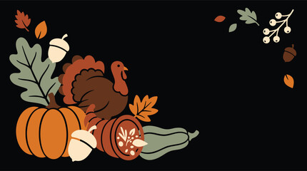A beautifully designed thanksgiving background vector featuring pumpkins turkeys and autumnal leaves for festive celebrations and holiday greetings © Crafted Canvas