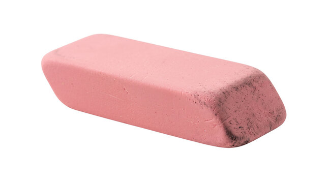 Pink rubber eraser isolated on white background, traditional school stationery, classic office correction tool for drawing and writing