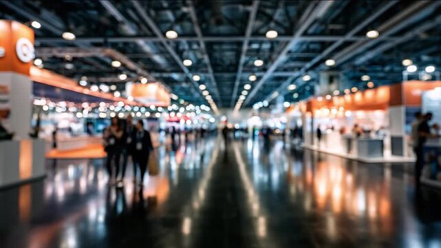 Exhibition Hall Crowd: A blurred and wide-angle view of a busy exhibition hall, filled with people and illuminated by ceiling lights, suggesting a vibrant event and networking opportunities.