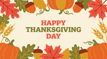 A beautiful and vibrant thanksgiving day background vector featuring pumpkins leaves and acorns perfect for seasonal greetings and festive designs © Crafted Canvas