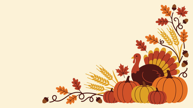 A beautiful thanksgiving vector illustration featuring pumpkins autumn leaves and a festive cornucopia perfect for holiday designs and celebrations