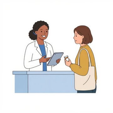 Pharmacist talking to customer in pharmacy