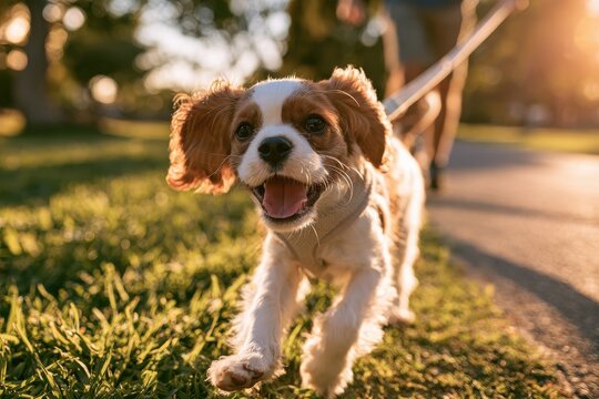 Playful leash pull moment: a small spaniel puppy eager to explore on a breezy outdoor walk