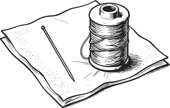 Needle, thread spool, and fabric illustration sewing tools set for tailoring, stitching, and craftsmanship concept