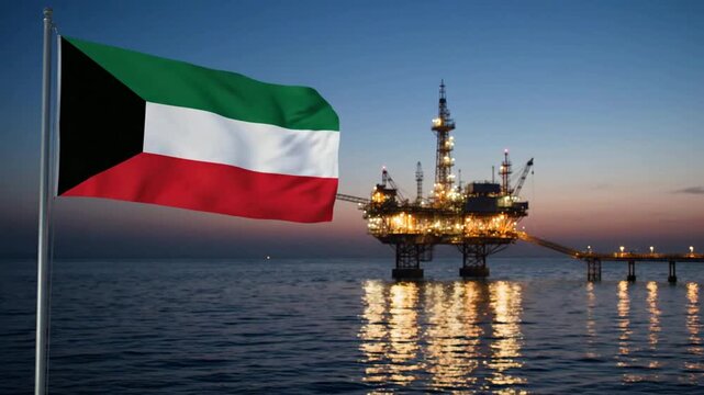 National Flag of Kuwait Waving with Illuminated Offshore Oil Platform in the Ocean at Dusk. AI Generated.