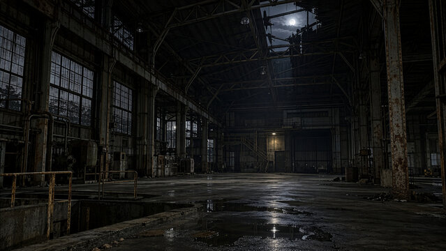 Dark Abandoned Industrial Building at Night Horror Background