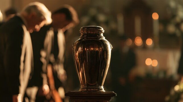Polished metal cremation urn on a wooden pedestal at a somber memorial service with mourners in the background