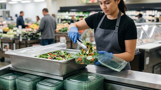 Worker portioning fresh salad into container at supermarket deli