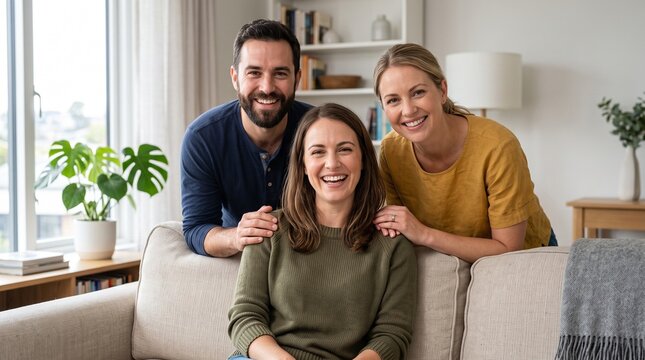 Happy roommates smiling together on couch in living room