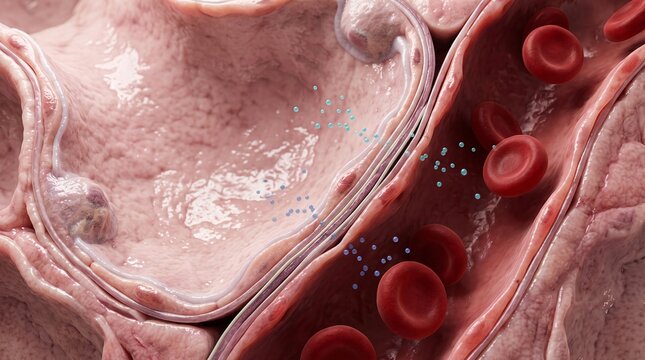 3D medical illustration of red blood cells passing through a heart valve structure