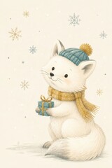 Fototapeta premium Cute winter fox holding gift beneath falling snowflakes