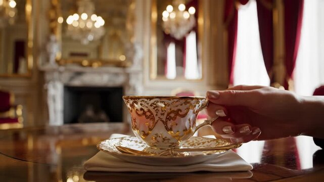 Luxurious porcelain teacup featuring intricate gold ornate details resting on a matching saucer inside a grand classic room with warm lighting.