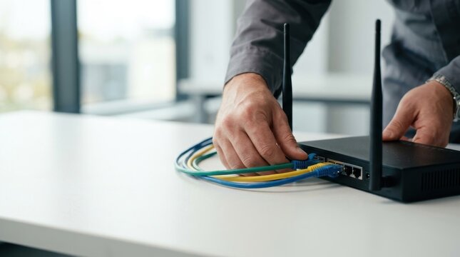 IT technician connecting Ethernet cables to office router