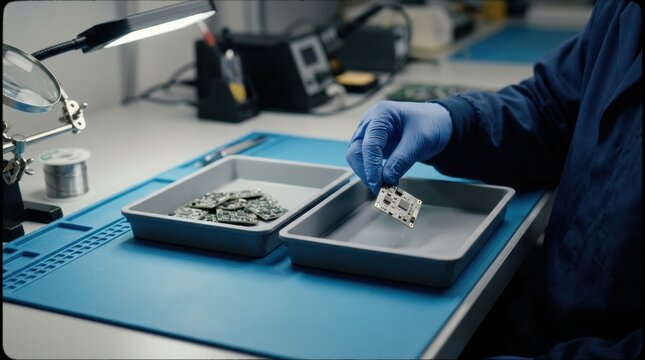 Electronics technician sorting circuit boards at repair workstation