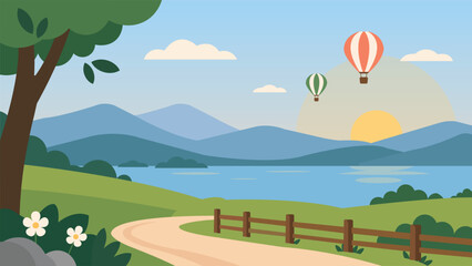 Peaceful countryside landscape with mountain lake hot air balloons sunset winding pathway wooden fence green hills flowers trees and calm water for travel nature and outdoor themes © Town GFX