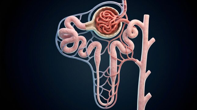 3D medical illustration of a human nephron structure showing glomerulus and renal tubules