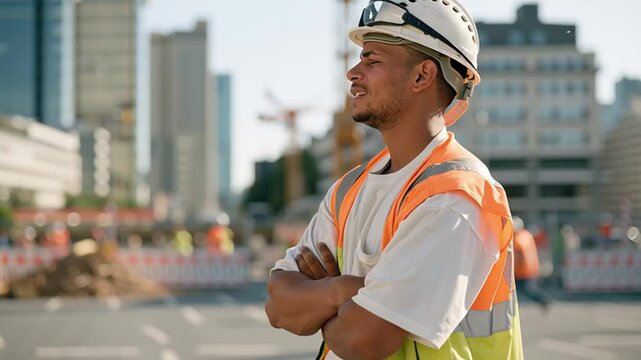 Confident Young Male Construction Worker With Safety Vest And Hard Hat, Standing With Arms Crossed At Construction Site, Displaying Focused Attitude In Urban Environment, Business Concept.