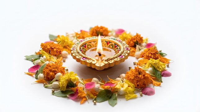 Diwali diya lamp with marigold flowers isolated on white background