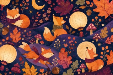 Fototapeta premium Whimsical autumn foxes beneath glowing lanterns and moon