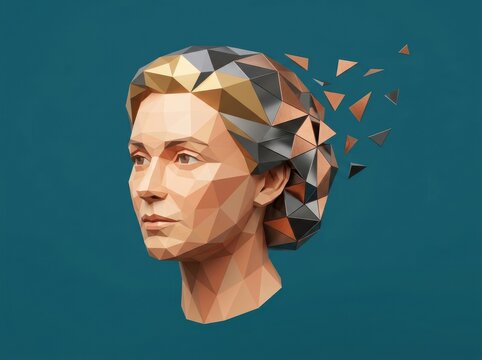 Low Poly Female Portrait with Fragmented Geometric Face and Teal Background