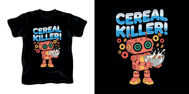 Retro toy robot holding cereal bowl with gears on black graphic t shirt art.