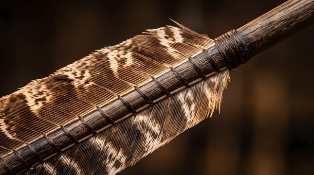 Vintage traditional wooden arrow fletching with feather detail, authentic archery gear close up, rustic hunting and warfare equipment