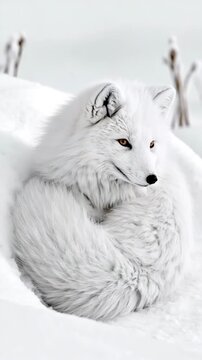 Vertical Video-Black and White Arctic Fox Resting on Snow, White Fur Winter Wildlife, Cute Polar Animal Close-Up